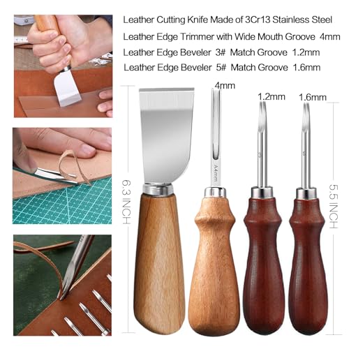 KIVISIN 94 PCS Leather Edge tools kit Including 3 Dye Rollers with 22 Heads, 3 Edge Bevelers, 1 Knife, 1 Burnisher, 39 Sanding Tools, 20 Wool Daubers for Leather Working, Skiving, Burnishing, Painting