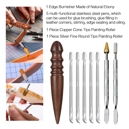 KIVISIN 94 PCS Leather Edge tools kit Including 3 Dye Rollers with 22 Heads, 3 Edge Bevelers, 1 Knife, 1 Burnisher, 39 Sanding Tools, 20 Wool Daubers for Leather Working, Skiving, Burnishing, Painting