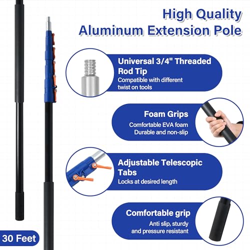 SHINMING 30FT Reach Telescoping Extension Pole, Multi-Purpose Extendable Pole with Universal Twist-on Metal Tip for Hanging Light Bulb Changer, Paint Roller, Duster, Window/Gutter Cleaning (7-30FT)
