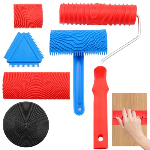 Wood Grain Tool,6PCS Soft Rubber Wood Grain Painting Tool,Texture Pattern Roller with Handle, DIY Rubber Texture Tool, Faux Wood Paint for Wall and Room Art Decoration.