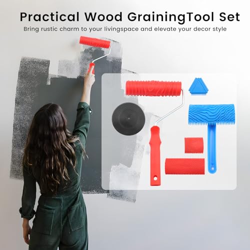 Wood Grain Tool,6PCS Soft Rubber Wood Grain Painting Tool,Texture Pattern Roller with Handle, DIY Rubber Texture Tool, Faux Wood Paint for Wall and Room Art Decoration.