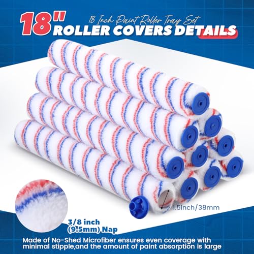 Leumoi 12 Pcs 18 Inch Paint Roller Kit Includes 18 Inch Paint Roller Tray 18 Inch Paint Roller Frame and 10 Pcs Microfiber Paint Roller Sleeves for Home House Ceiling Wall Furniture Painting