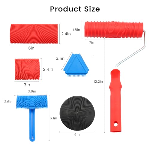 Wood Grain Tool,6PCS Soft Rubber Wood Grain Painting Tool,Texture Pattern Roller with Handle, DIY Rubber Texture Tool, Faux Wood Paint for Wall and Room Art Decoration.