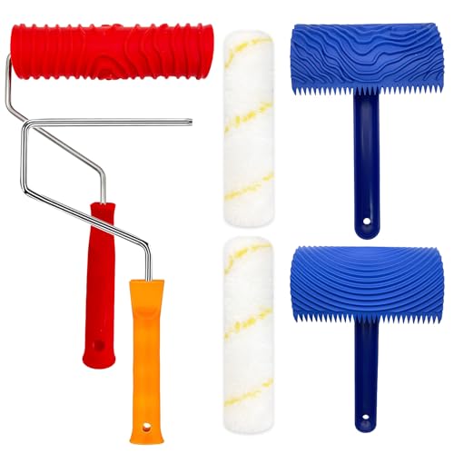 Wood Grain Tool with Rollers, 5-Pack Wood Graining Roller Painting Tool with Handle, Rubber Empaistic Wood Texture Painting Tool Set for DIY Wall Room Art Paint Decoration