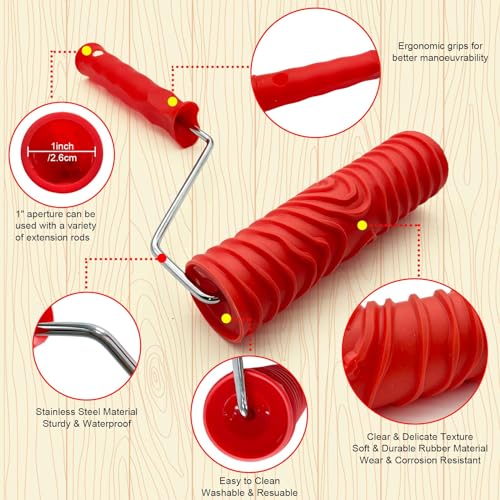 Wood Grain Tool with Rollers, 5-Pack Wood Graining Roller Painting Tool with Handle, Rubber Empaistic Wood Texture Painting Tool Set for DIY Wall Room Art Paint Decoration