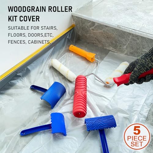 Wood Grain Tool with Rollers, 5-Pack Wood Graining Roller Painting Tool with Handle, Rubber Empaistic Wood Texture Painting Tool Set for DIY Wall Room Art Paint Decoration
