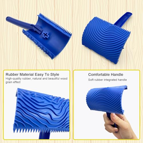 Wood Grain Tool with Rollers, 5-Pack Wood Graining Roller Painting Tool with Handle, Rubber Empaistic Wood Texture Painting Tool Set for DIY Wall Room Art Paint Decoration