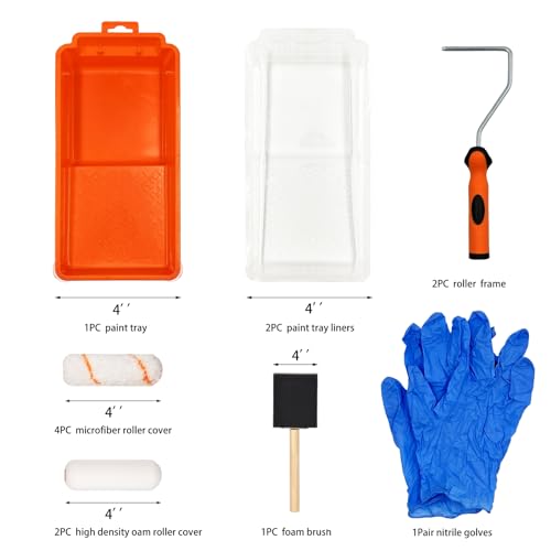 12pc Mini Paint Roller Kit, 4 inch Painting Tray Set with High Density Foam Roller, Microfiber Roller Cover, Brush, Golves, Perfect for Small Area, Touch Ups