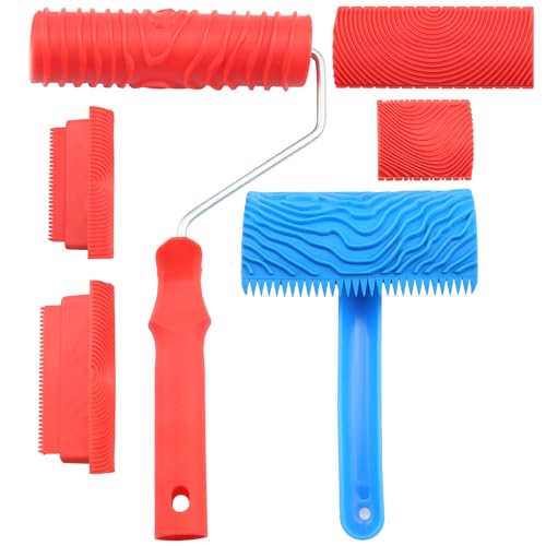 Wood Graining Tool,6Pcs Wood Grain Roller Soft Rubber Wood Graining Painting Tool Texture Pattern Roller with Handle DIY Rubber Graining Tool Paint Look Like Wood for Wall Room Art Paint Decoration