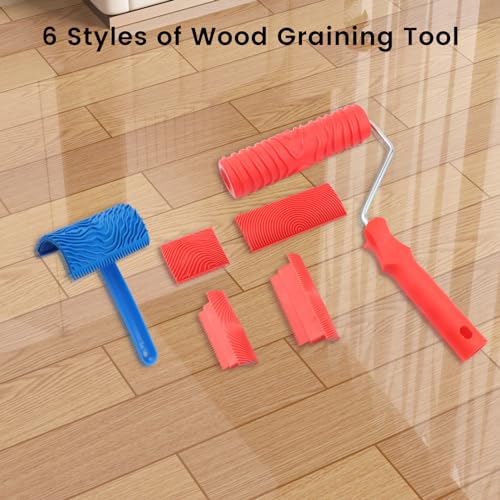 Wood Graining Tool,6Pcs Wood Grain Roller Soft Rubber Wood Graining Painting Tool Texture Pattern Roller with Handle DIY Rubber Graining Tool Paint Look Like Wood for Wall Room Art Paint Decoration