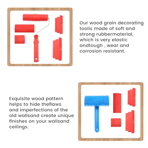 Wood Graining Tool,6Pcs Wood Grain Roller Soft Rubber Wood Graining Painting Tool Texture Pattern Roller with Handle DIY Rubber Graining Tool Paint Look Like Wood for Wall Room Art Paint Decoration