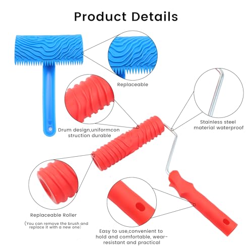 Wood Graining Tool,6Pcs Wood Grain Roller Soft Rubber Wood Graining Painting Tool Texture Pattern Roller with Handle DIY Rubber Graining Tool Paint Look Like Wood for Wall Room Art Paint Decoration