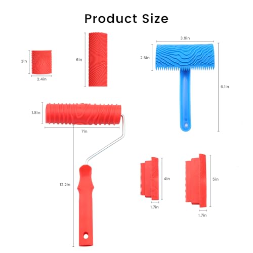 Wood Graining Tool,6Pcs Wood Grain Roller Soft Rubber Wood Graining Painting Tool Texture Pattern Roller with Handle DIY Rubber Graining Tool Paint Look Like Wood for Wall Room Art Paint Decoration