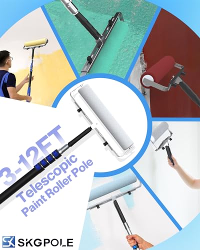 SKGPOLE 12FT Telescopic Paint Roller Pole, Multi-Function Paint Roller Kit with Lightweight Sturdy Aluminum 3-12FT Telescopic Extension Pole, House Paint Roller Brush for Walls, Ceiling, Decks, Doors