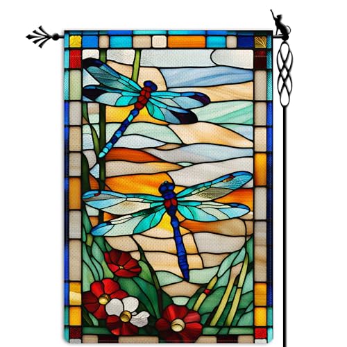 Dragonfly Garden Flag: Glass Style Flowers, Double-sided, Rustic