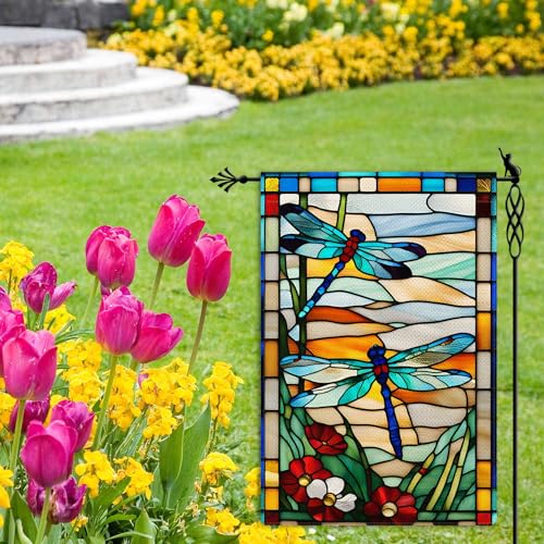 Dragonfly Garden Flag: Glass Style Flowers, Double-sided, Rustic