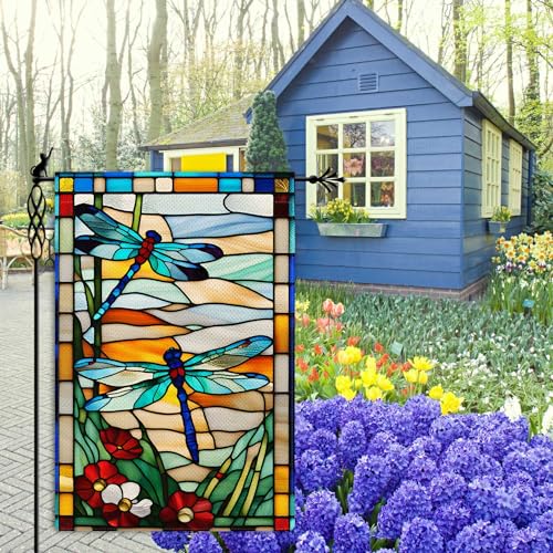 Dragonfly Garden Flag: Glass Style Flowers, Double-sided, Rustic