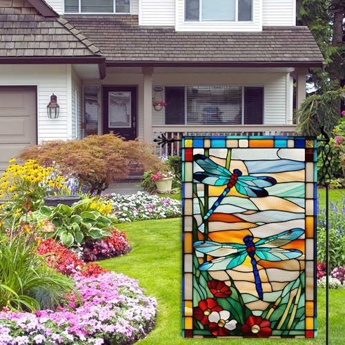 Dragonfly Garden Flag: Glass Style Flowers, Double-sided, Rustic