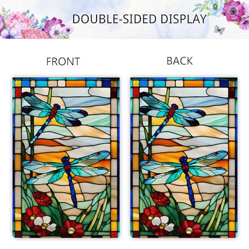 Dragonfly Garden Flag: Glass Style Flowers, Double-sided, Rustic