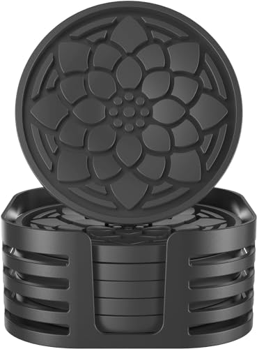 Set of 6 Black Silicone Coasters with Holder