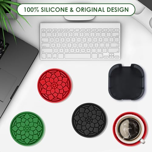 Set of 6 Black Silicone Coasters with Holder