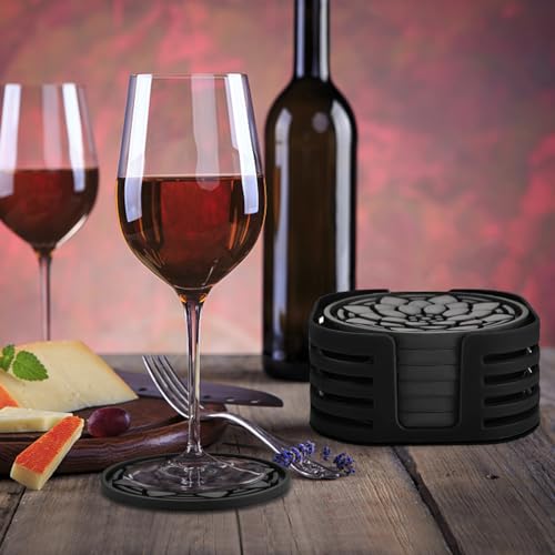 Set of 6 Black Silicone Coasters with Holder