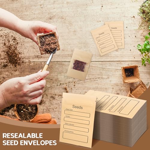 100 Small Seed Envelopes with Clear Window, Kraft Paper