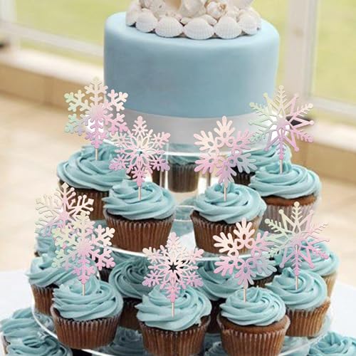 30 Pack Snowflake Cupcake Toppers for Winter Events