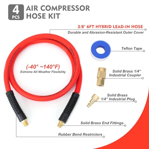 Red Flexible Air Compressor Whip Hose Kit, 6ft