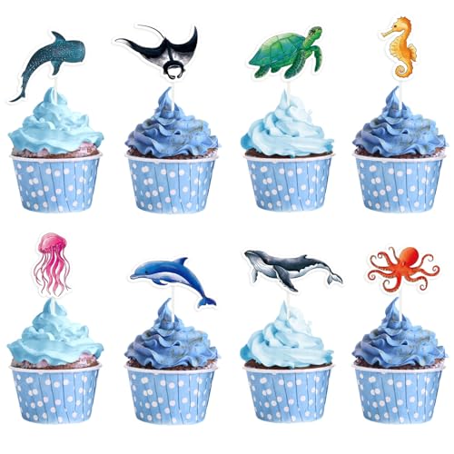 Ocean Theme Cupcake Toppers - 32 Pcs Sea Animals
