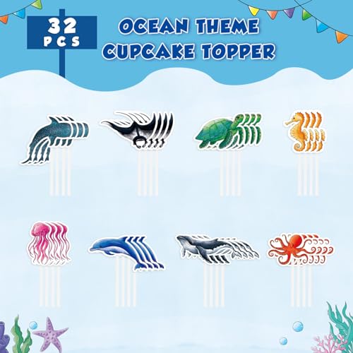 Ocean Theme Cupcake Toppers - 32 Pcs Sea Animals
