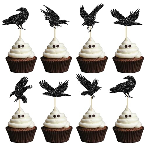 24Pcs Black Glitter Raven Halloween Cupcake Toppers