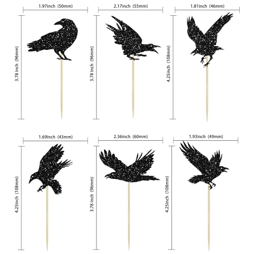 24Pcs Black Glitter Raven Halloween Cupcake Toppers