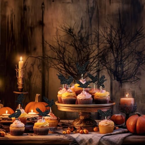 24Pcs Black Glitter Raven Halloween Cupcake Toppers