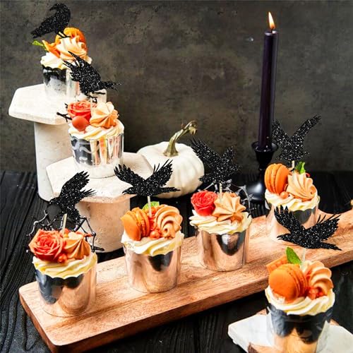 24Pcs Black Glitter Raven Halloween Cupcake Toppers
