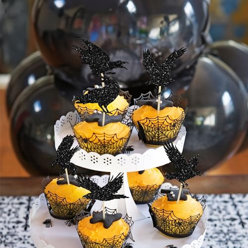 24Pcs Black Glitter Raven Halloween Cupcake Toppers