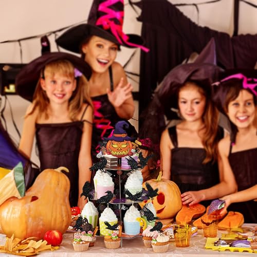 24Pcs Black Glitter Raven Halloween Cupcake Toppers