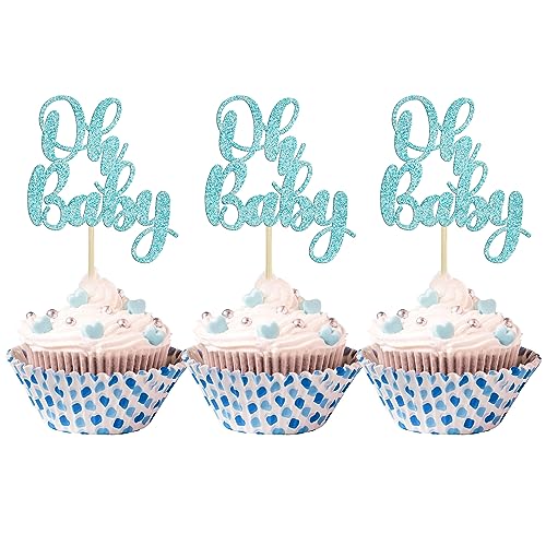 Gyufise 36Pcs Oh Baby Cupcake Toppers Glitter Baby Shower Cupcake Picks Oh Baby Cake Pick for Baby Shower Kids Boys Girls Birthday Party Cake Decorations Supplies Light Blue