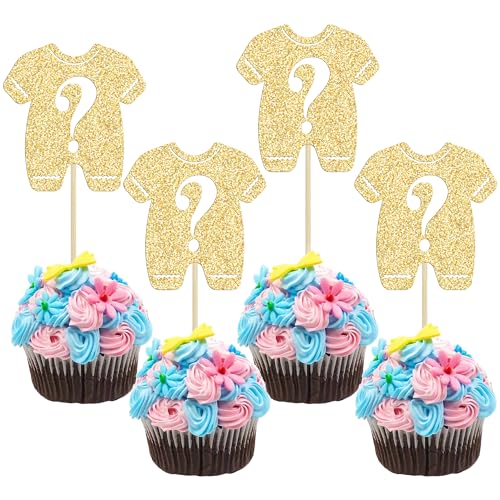 Gyufise 24Pcs Gender Reveal Cupcake Toppers Boy or Girl Cake Toppers Pink or Blue Bow Tie Cupcake Picks for Baby Shower Gender Reveal Theme Party Cake Decorations Gold Glitter