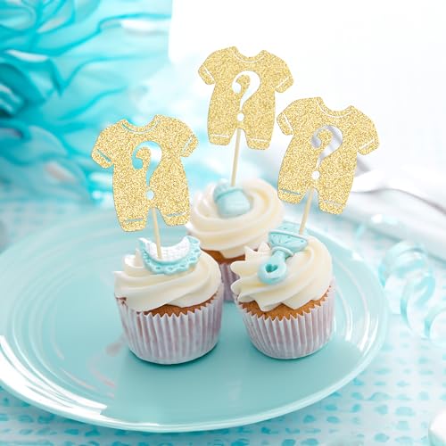 Gyufise 24Pcs Gender Reveal Cupcake Toppers Boy or Girl Cake Toppers Pink or Blue Bow Tie Cupcake Picks for Baby Shower Gender Reveal Theme Party Cake Decorations Gold Glitter