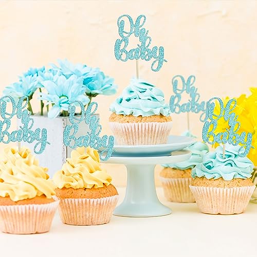 Gyufise 36Pcs Oh Baby Cupcake Toppers Glitter Baby Shower Cupcake Picks Oh Baby Cake Pick for Baby Shower Kids Boys Girls Birthday Party Cake Decorations Supplies Light Blue