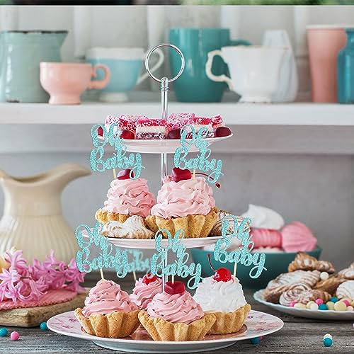 Gyufise 36Pcs Oh Baby Cupcake Toppers Glitter Baby Shower Cupcake Picks Oh Baby Cake Pick for Baby Shower Kids Boys Girls Birthday Party Cake Decorations Supplies Light Blue
