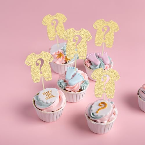 Gyufise 24Pcs Gender Reveal Cupcake Toppers Boy or Girl Cake Toppers Pink or Blue Bow Tie Cupcake Picks for Baby Shower Gender Reveal Theme Party Cake Decorations Gold Glitter