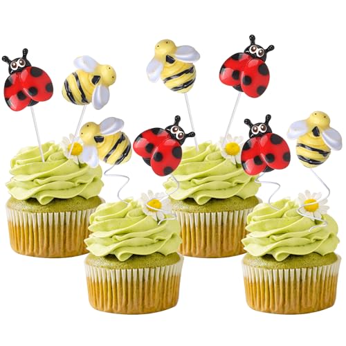 30 PCS Bumble Bee Cupcake Toppers Resin Little Figurine Ladybug Cupcake Picks for Bee Ladybug Theme Baby Shower Kids Boys Girls Birthday Party Cake Decorations Supplies