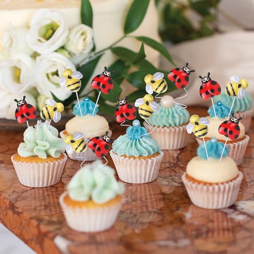 30 PCS Bumble Bee Cupcake Toppers Resin Little Figurine Ladybug Cupcake Picks for Bee Ladybug Theme Baby Shower Kids Boys Girls Birthday Party Cake Decorations Supplies
