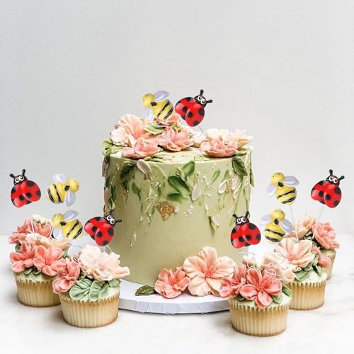 30 PCS Bumble Bee Cupcake Toppers Resin Little Figurine Ladybug Cupcake Picks for Bee Ladybug Theme Baby Shower Kids Boys Girls Birthday Party Cake Decorations Supplies