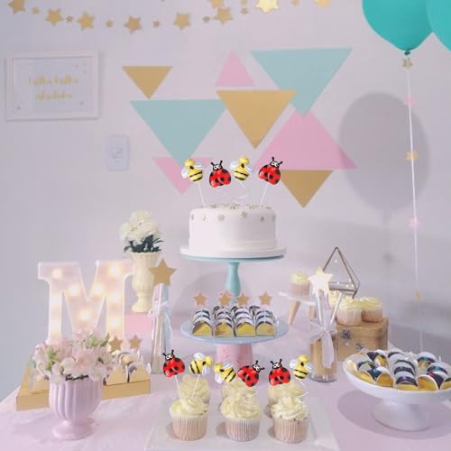 30 PCS Bumble Bee Cupcake Toppers Resin Little Figurine Ladybug Cupcake Picks for Bee Ladybug Theme Baby Shower Kids Boys Girls Birthday Party Cake Decorations Supplies