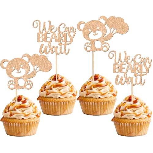 24 PCS We Can Bearly Wait Cupcake Toppers Glitter Balloon Bear Cupcake Picks Baby Shower Cake Decorations for Gender Reveal Theme Baby Shower Kids Birthday Party Supplies Champage Gold