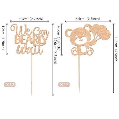 24 PCS We Can Bearly Wait Cupcake Toppers Glitter Balloon Bear Cupcake Picks Baby Shower Cake Decorations for Gender Reveal Theme Baby Shower Kids Birthday Party Supplies Champage Gold