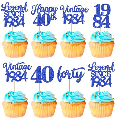 Rsstarxi 48 Pack Happy 40th Birthday Cupcake Toppers Forty Legend Since 1984 Vintage 1984 Cupcake Picks Cheers to 40 Fabulous Cake Decorations for 40th Birthday Wedding Anniversary Party Decors Blue